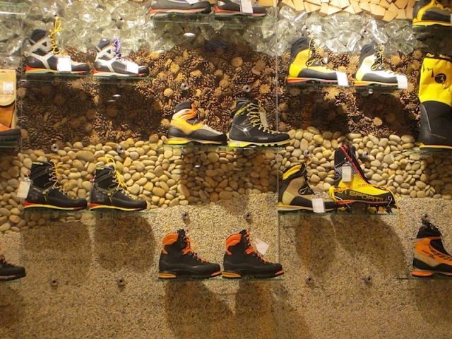 Outdoor boots and shoes display. 
